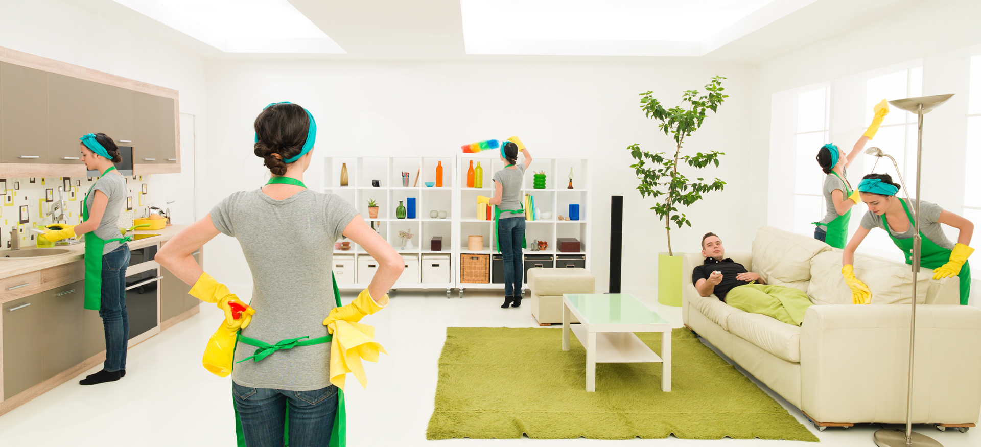 Cleaning team working in a bright living room