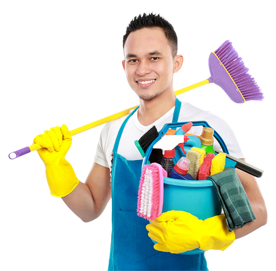 Cleaning caddy with fresh towels and eco-friendly products